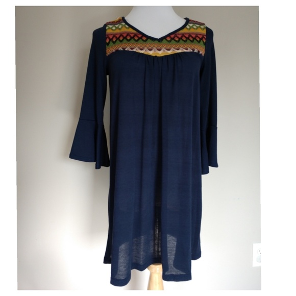 Navy Dress - Embroidery Neckline - Picture 2 of 8